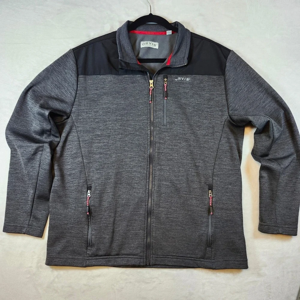 Orvis Mens Full Zip Fleece Jacket Grey‎ Black Textured Knit Mock Neck Large